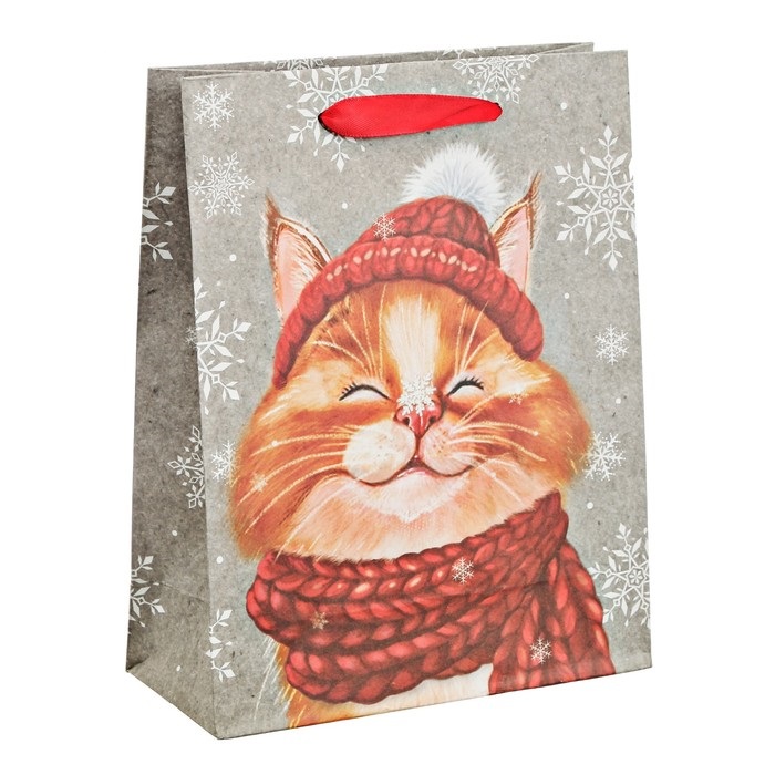 Пакет крафтовый вертикальный «Снежный кот», 18 × 23 × 8 см