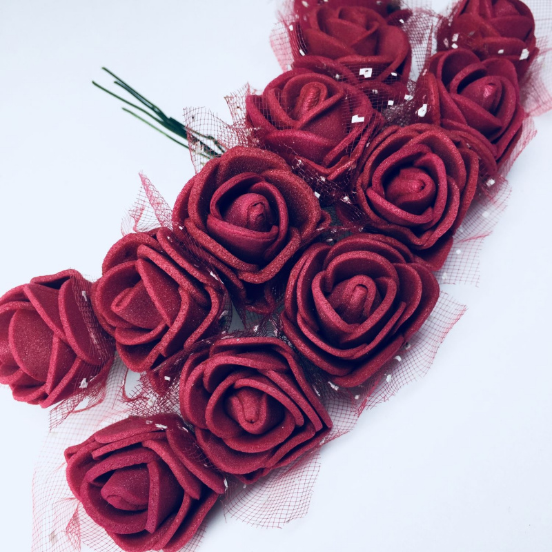 Головки цветков "Розочка" на веточке с сеточкой, 12 шт бордовый